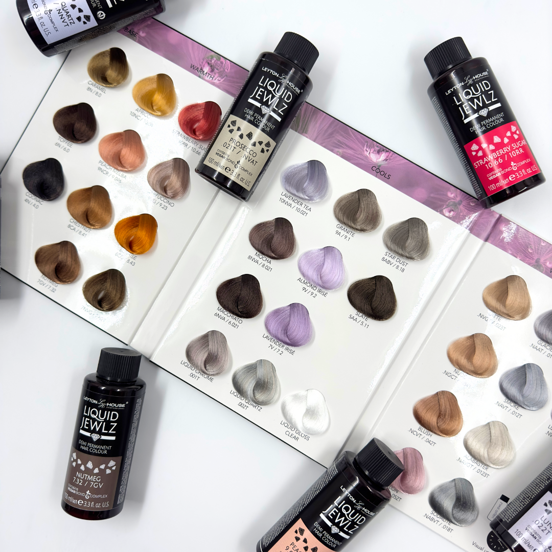 Hair color samples and bottles on a white background